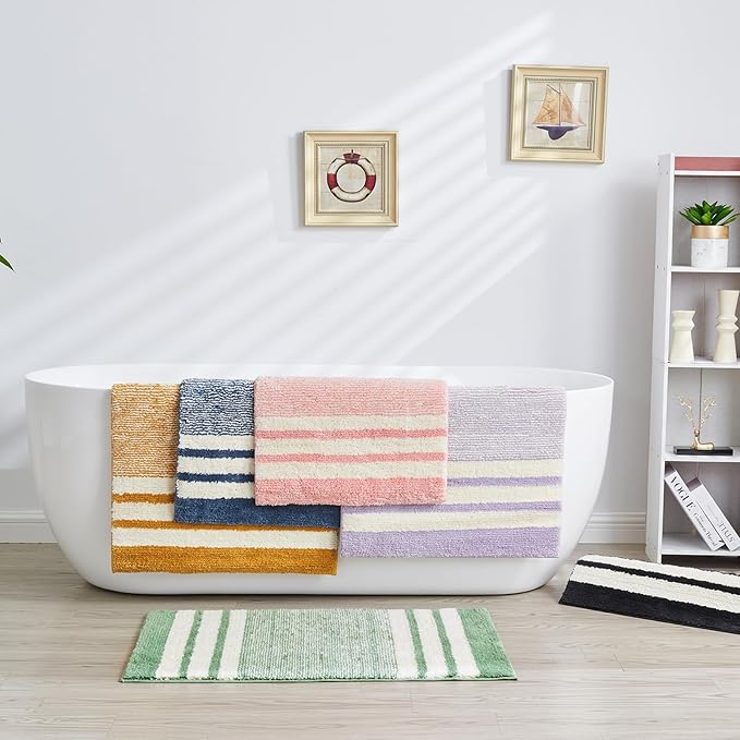 CozeCube Bath mats for Bathroom Non Slip, Fluffy Absorbent Microfiber Bath mat Washable, Aesthetic Bathroom Rugs, Large Sage Green Striped Bath mat, Sage Green, 36" x 24"