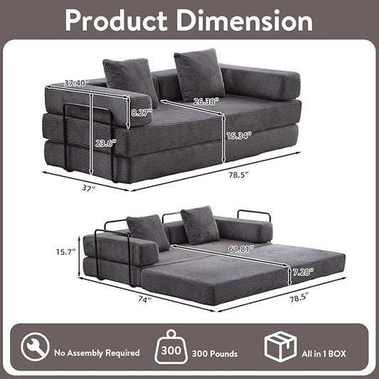 4-in-1 Convertible Folding Sleeper Sofa Bed, Fold Out Floor Sofa Couch with Fixed-Shape Frame, Cloud Corduroy Foldable Mattress Couch for Living Room Bedroom (78.5" Corduroy, Dark Grey)