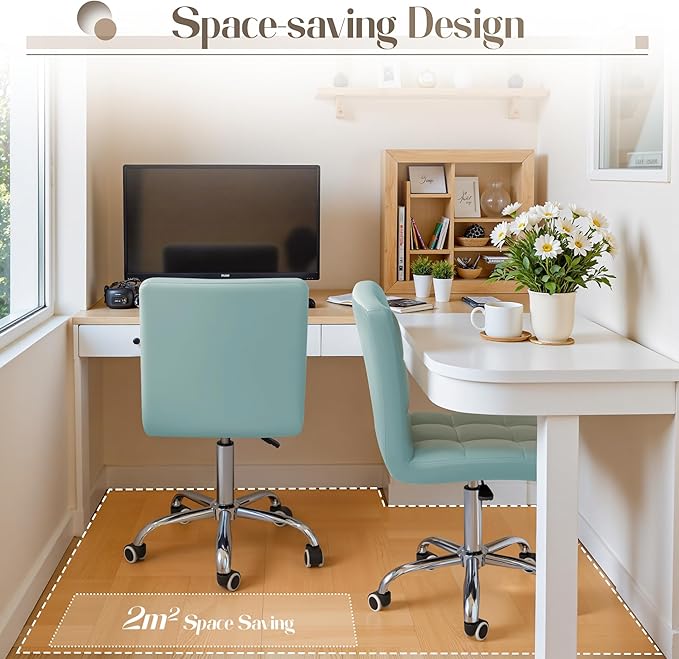 Furmax Mid-Back Office Task Chair Ribbed PU Leather Executive Chair Modern Adjustable Home Desk Retro Comfortable Work Chair 360 Degree Swivel with Arms (Light Blue)