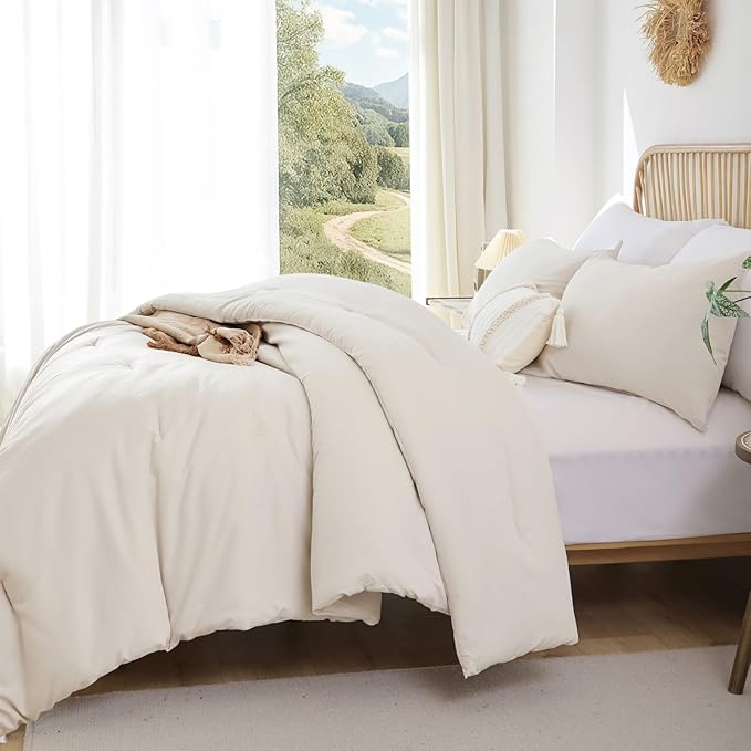 ROSGONIA Beige Comforter Set Queen, 3pcs (1 Boho Beige Comforter & 2 Pillowcases), All Season Bedding Lightweight Soft Bedspread Blanket Quilt