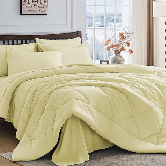 HEVUMYI Cream Yellow Full Comforter Set - 7-Piece All Season Bed in a Bag Full, Ultra Soft Bedding Set with Comforter, Flat Sheet, Fitted Sheet, Pillowcases, Pillow Shams