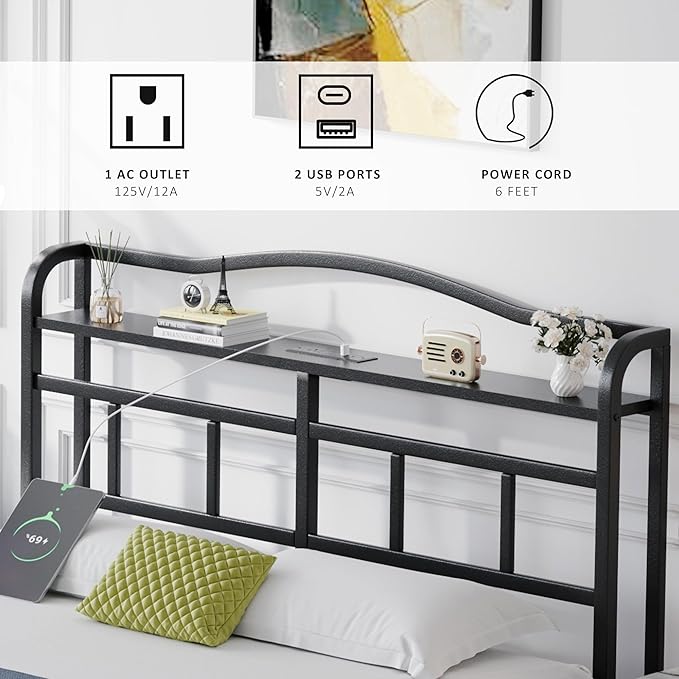 14 Inch Metal Bed Frame - Queen Size Black Heavy Duty Bedframe Platform Basic Mattress Foundation with Headboard & Charging Station No Box Spring Needed/Easy Assembly/No Noise