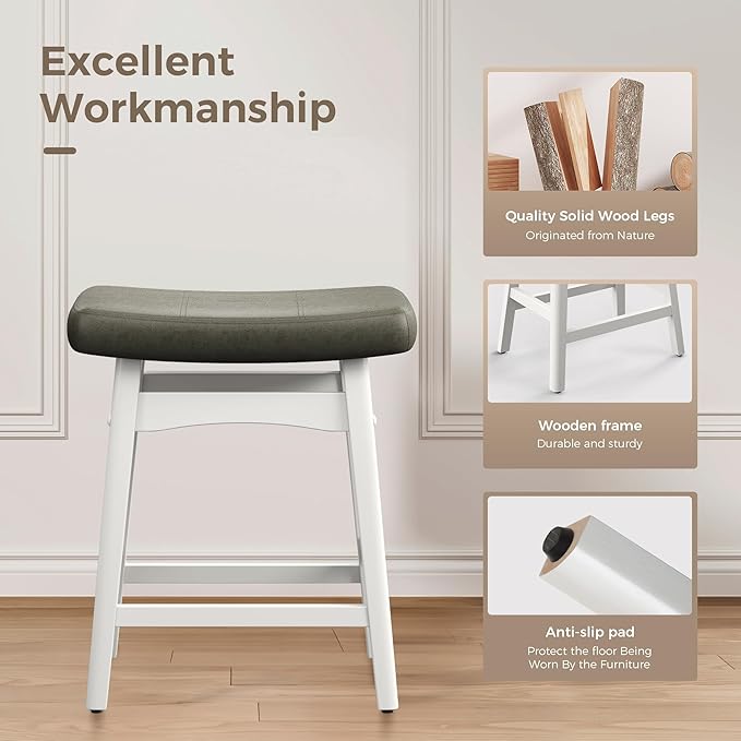 MAISON ARTS White Counter Height Bar Stool for Kitchen Counter Solid Wood Legs with Faux Leather Saddle Seat Farmhouse Barstools for 34"-38" Counter Island Upholstered Stools, 24in Height