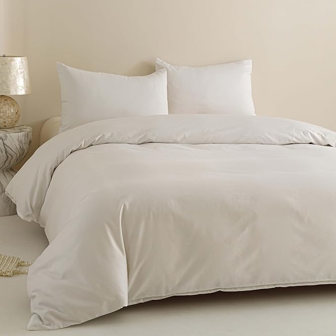 HeimenAogo 100% Cotton Vertical Stripe Jacquard Duvet Cover Queen, Luxury Hotel Collection Textured Weave, Silky Soft Comforter Cover 90x90 Inch, Zipper Closure, White Striped