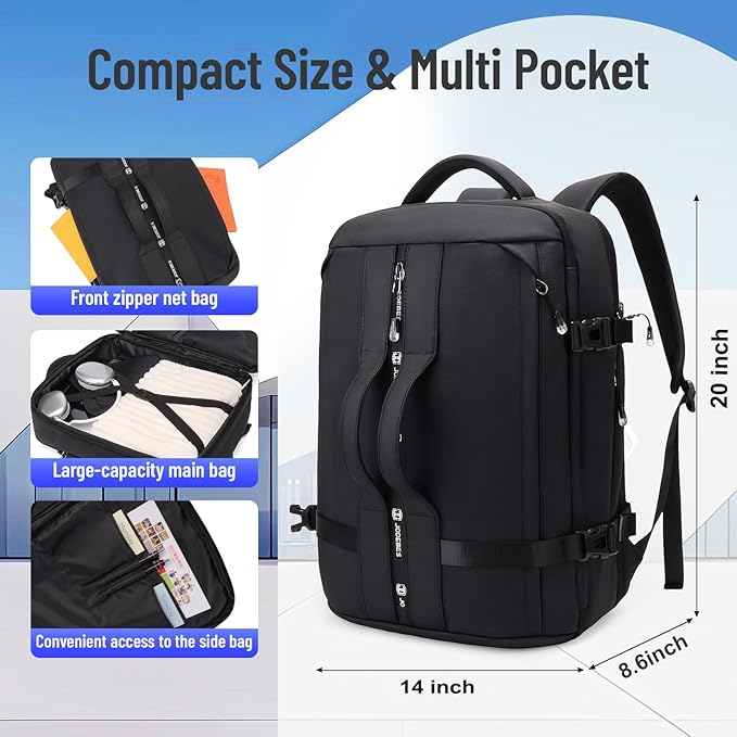 50L Carry on Travel Backpack for Men Women Airline Approved Convertible Duffle Backpack Luggage Bag,TSA Overnight Bags,fits 17" Laptop Smart Backpack-Black