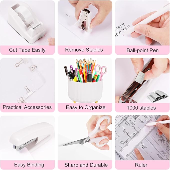 Desk Organizers and Accessories Set with 360-Degree Rotating Pen Holder, Tape Dispenser, Stapler, Staple Remover, 1000 Staples, Tape, Clips Set, Ruler, Scissor, Pen