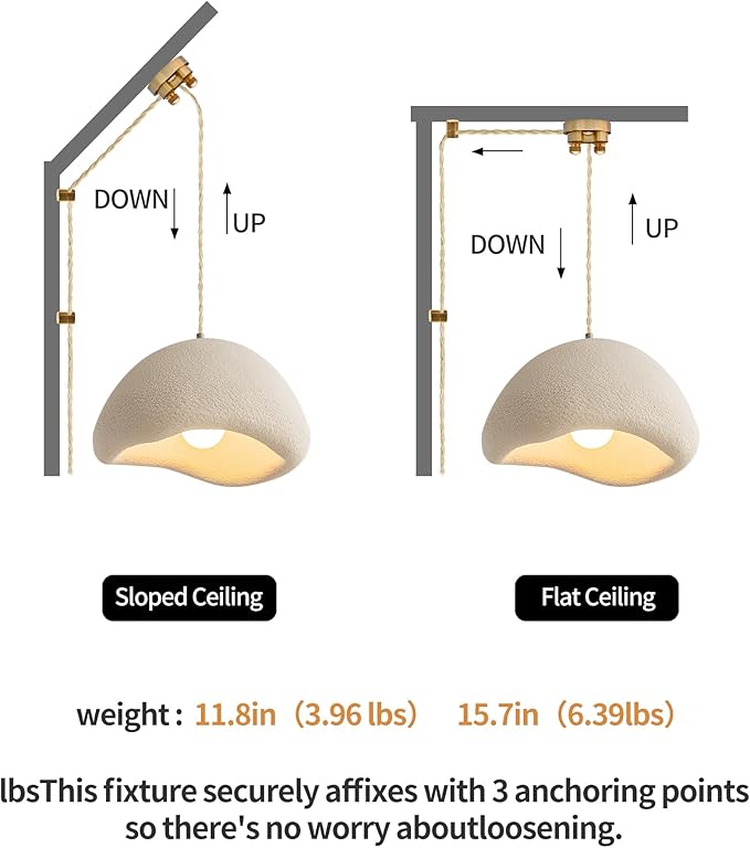 MODIVO 15.7in Wabi Sabi Plug-in Pendant Light for Kitchen lsland,White Concrete Hanging Ceiling Light Fixtures Japanese Lamp Dining Room,Bathroom,Living Room,Restaurant Decor Bulb Included