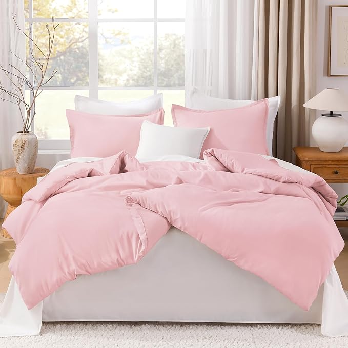 Litanika California King Size Pink Comforter Set, 3 Pieces Cal King Aesthetic Soft Solid Bedding Comforter Set, All Season Fluffy Bed Set (104x96In Comforter & 2 Pillowcases)