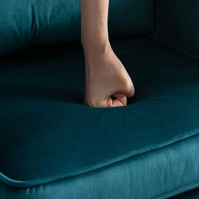 Mid Century Accent Chair with Ottoman Modern Button Tufted Armchair Wingback Club Chair Velvet Single Sofa Lounge Chair with Pillow for Living Room Bedroom, Teal Blue