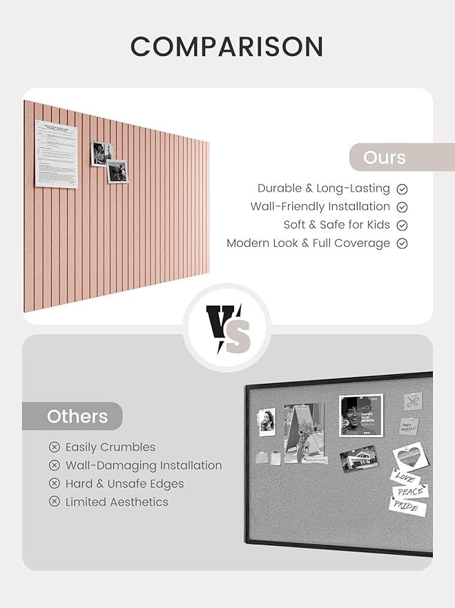 Bumusty Large Cork Board Alternative-47 x35 Felt Bulletin Board Tiles, with 30 Pushpins, 70 Adhesive Tabs, 12-Pack Slat Wall Paneling, Cork Boards for Office Push Pin Board Felt Board-Pink