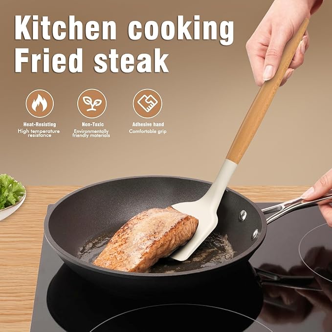 Silicone Cooking Utensils Set - AVGPD Silicone Kitchen Utensils for Cooking Wooden Handles, 446°F Heat Resistant Kitchen Utensil Spatula Sets, Gadgets for Non-Stick Cookware BPA FREE (Cream White)