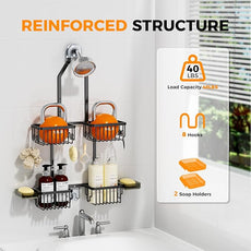 REINHARDT Aluminum Shower Caddy Hanging Adjustable Shower Caddy, Rustproof Hanging Shower Organizer with Hooks Soap Holders, Over Shower Head Caddy for Handheld Showerhead, Black