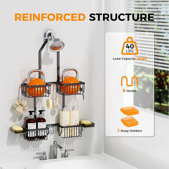 REINHARDT Aluminum Shower Caddy Hanging Adjustable Shower Caddy, Rustproof Hanging Shower Organizer with Hooks Soap Holders, Over Shower Head Caddy for Handheld Showerhead, Black