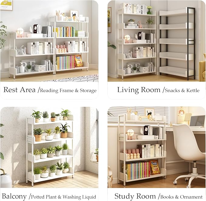 Wide Open Shelf Bookcase - Modern 4-Tier Free Standing Display Bookshelf with Three-Side Panels and Metal Frame for Home and Office, Storage Shelving, Warm White