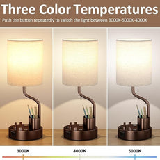 Bedside Table Lamps for Bedroom Set of 2 - Beige Nightstand Lamp with AC Outlet Charging Port and USB A C, 3 Color Temperatures, Included Phone & Pen Holder, Brown Night Stand Lamps for Guest Room