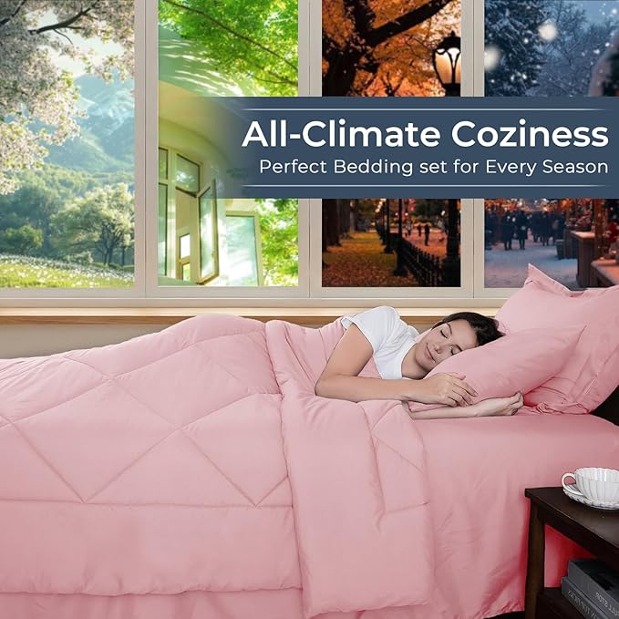 HEVUMYI Pink Queen Comforter Set - 7-Piece All Season Bed in a Bag Queen, Ultra Soft Bedding Set with Comforter, Flat Sheet, Fitted Sheet, Pillowcases, Pillow Shams, Pink