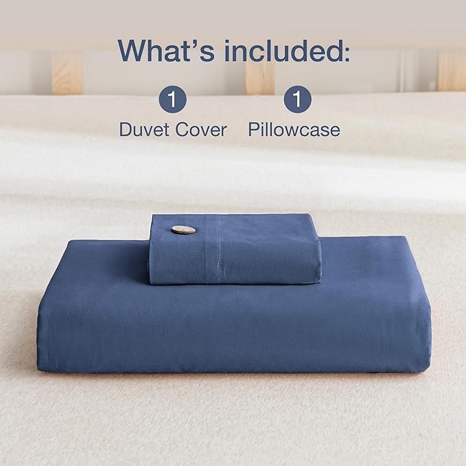 JELLYMONI Cotton Duvet Cover Twin Size - Blue Comforter Cover with Button 100% Washed Cotton 2PCS Breathable Soft Solid Bedding Set Duvet Cover 68×90in & 1 Pillowcase (NO Comforter)