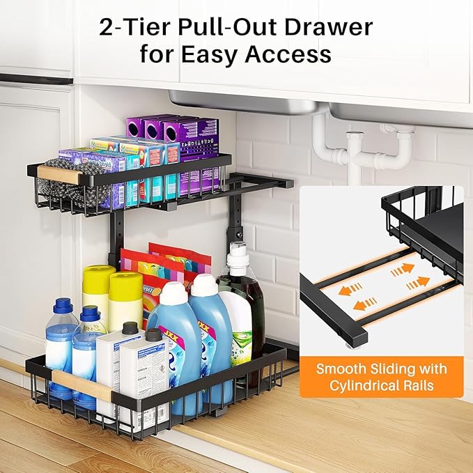 PXRACK 2 Pack Under Sink Organizer,Adjustable Height,2 Tier Pull Out Under Cabinet Organizer,Slide Out Thickened Metal Under Sink Storage for Kitchen Bathroom Laundry Cabinet Pantry,Black(L)