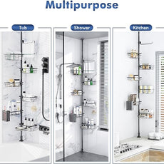 Shower Caddy Organizer Tension Pole, Rustproof 6-Pack Corner Shelf with 30-120 Inch Adjustable Shower Rack for Inside Shower, Extra Towel Bar & Soap Dish for Bathroom Organizers and Storage, Black