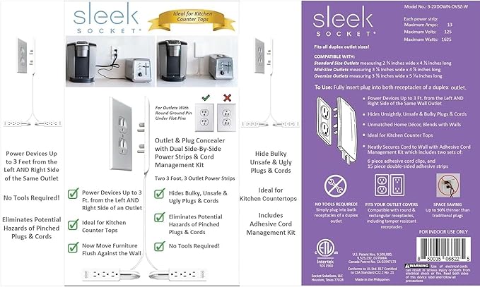 Sleek Socket Original & Patented Ultra-Thin Outlet Concealer with Cord Concealer Kit, Flat Extension Cord with Multi Outlets Power Strip, Ideal for Home Improvement, Hide Bulky and Messy Cords