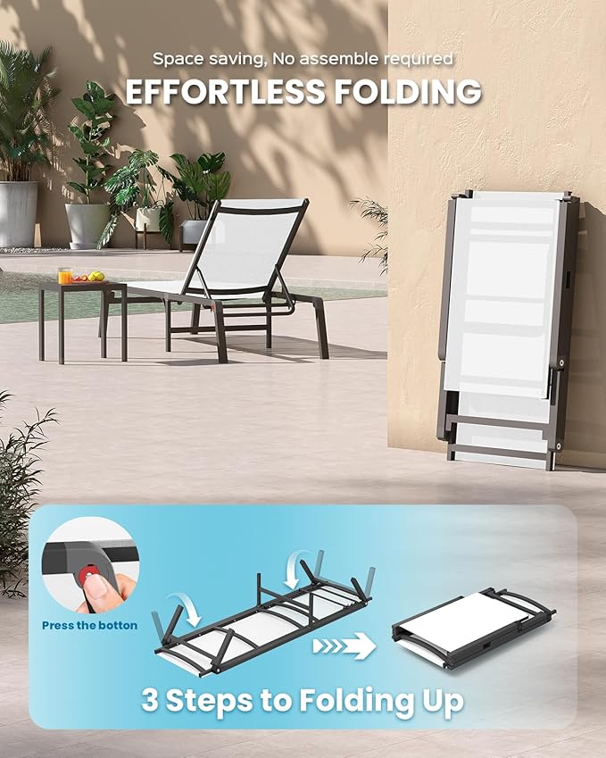 Aluminum Lounge Chair Outdoor, Foldable Pool Lounge Chairs with 5 Positions Recliner - No Assembly - Patio Chaise Lounge Chair for Outside, Poolside (White)