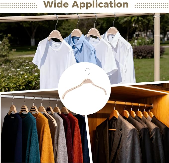 30 PCS Slim Natural Wooded Hangers with Extra Soft Non-Slip Rubber Grips - Curved Shoulder Design, 360° Rotatable Metal Hook Hangers for Shirts Sweaters Jackets Dresses