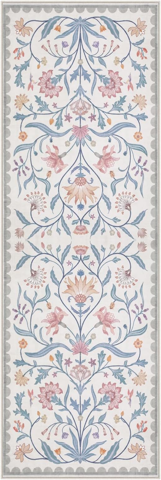 Lahome Boho Floral 2x6 Bathroom Runner Rugs Non Slip Washable, Grey/Beige Soft Runners for Hallways, Indoor Carpet Runner with Rubber Backing for Bedside Entryway Kitchen(Grey/Beige,2x6)