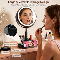 Shinowa Makeup Mirror with Lights, 1X/20X Lighted Magnifying Mirror with Storage for Makeup & Jewelry, 2-Sided Height Adjustable Vanity Mirror with 3 Color Lights, 360° Rotation & Rechargeable, Black