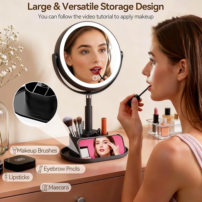 Shinowa Makeup Mirror with Lights, 1X/20X Lighted Magnifying Mirror with Storage for Makeup & Jewelry, 2-Sided Height Adjustable Vanity Mirror with 3 Color Lights, 360° Rotation & Rechargeable, Black