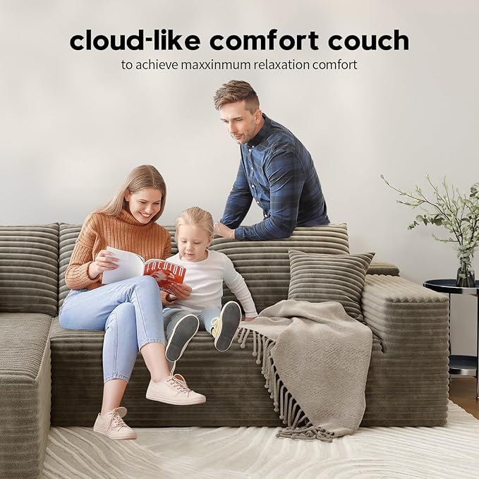 139.4" Modular Sectional Sofa, Oversized U-Shaped Minimalist Couches with 2 Middle Seats and 1 Ottoman Chaise, Modern Deep Seat Convertible Sleeper Sofa, Cloud Plush Corduroy Fabric,7 Seater, Camel