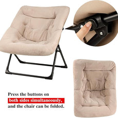 Comfy Saucer Chair for Adults, Soft Faux Fur Bedroom Chair with Ottoman, Accent Dorm Chairs, Living Room Reading Chairs and Footstool, Folding Lounge Seat for Teens, X-Large, Light Khaki