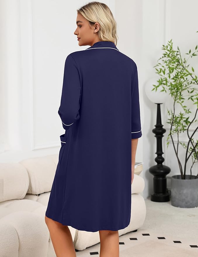 Ekouaer Zipper Robes for Women 3/4 Sleeve Housecoats Knee Length Bathrobe Lightweight Nightgown with Pockets S-3XL