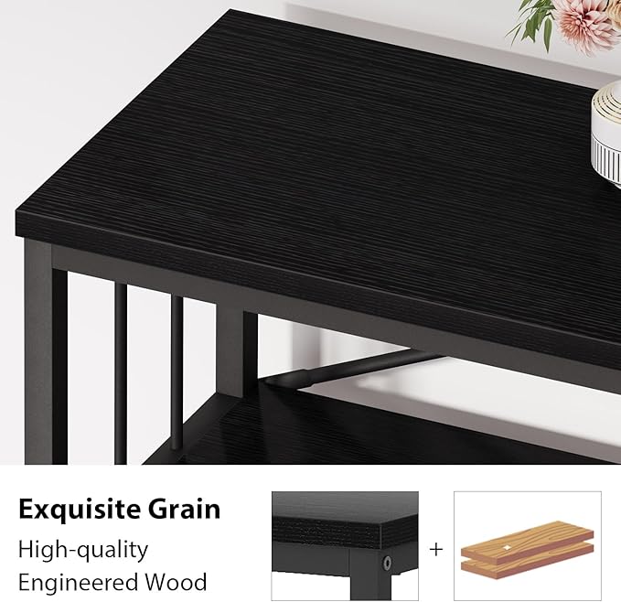 HSH Black Horizontal Bookcase, Metal and Wood Low Bookshelves with 3 Tier Shelf for Home Office, Modern Wooden Wide Open Etagere Bookcase with Storage for Bedroom Living Room, Black Oak, 55 Inch