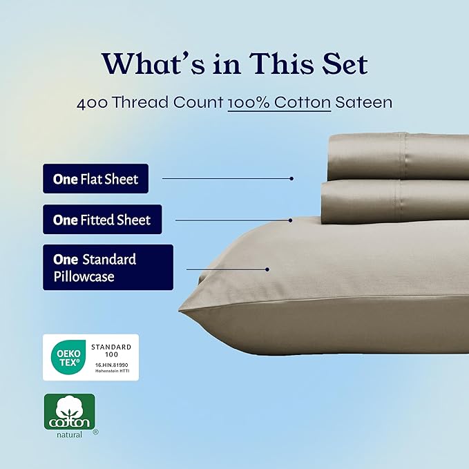California Design Den Twin XL Sheet Sets - 100% Cotton Sheets, 400 Thread Count Sateen, Deep Pockets, and Durable Bedding for Dorm Rooms & Adults - Taupe CaliforniaDesignDen