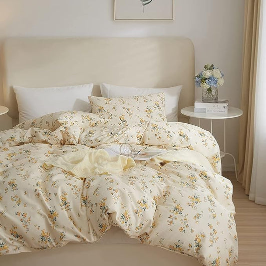 HighBuy 3 Pieces Duvet Cover Full Size White Duvet Cover with Green Floral Print,Soft Cotton Comforter Cover Boho Style,Aesthetic Full Bedding Set with Zipper Closure 4 Ties,All Season