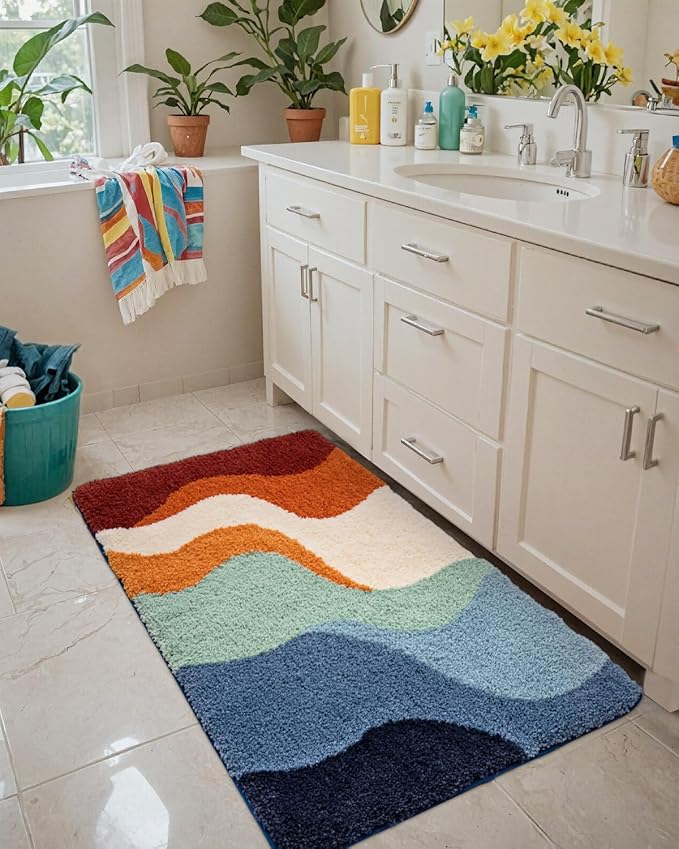 DEXI Bathroom Rug Washable, 24x36 Non Slip Bath Mat Absorbent, Soft Plush Microfiber Bathmat Quick Dry for Shower Floor, Colorful