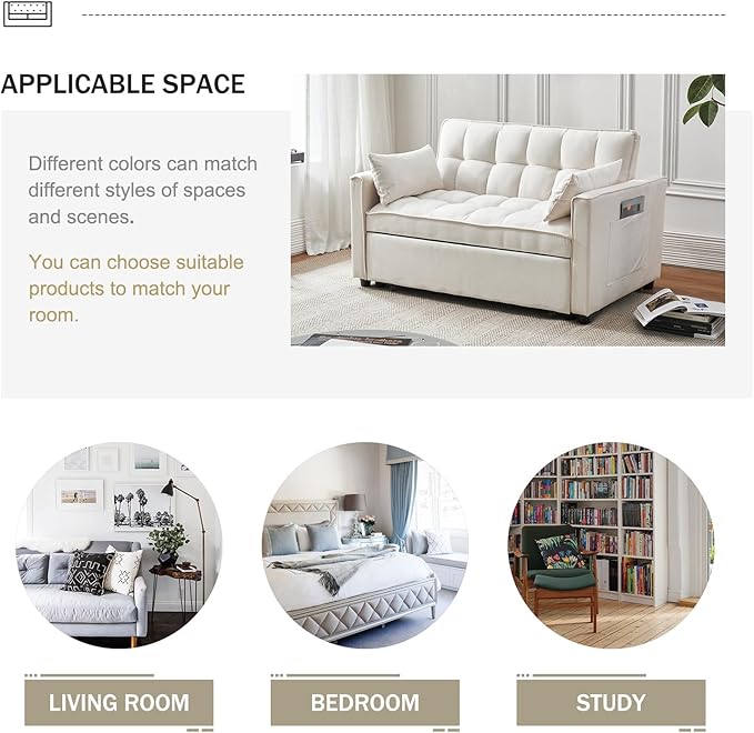 Futon Sofa Bed, 3 in 1 Sleeper Sofa Couch Bed with Armrests, Storage Pockets and 2 Pillows, Adjustable Backrest, Sofa Bed Couch for Living Room, Bedroom, Office,Reading Room(Beige)