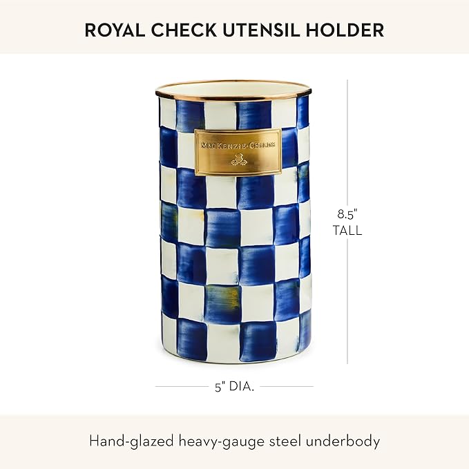 MACKENZIE-CHILDS Enamel Utensil Holder, Kitchen Utensil Holder for Countertop, Storage Caddy, Blue-and-White Royal Check
