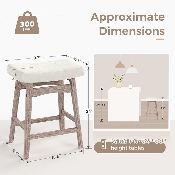 MAISON ARTS Counter Height Bar Stools Set of 2 for Kitchen Counter Solid Wood Legs with Fabric Saddle Seat Farmhouse Barstools for 34"-38" Counter Island Upholstered Stools, 24in, Creamy White
