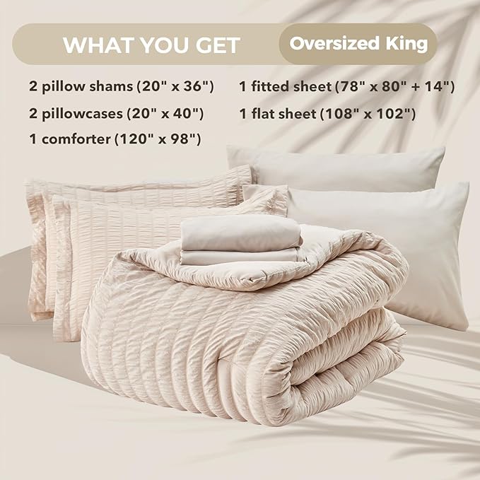 HYMOKEGE Beige Oversized King Comforter Set Seersucker 7 Pieces, All Season Luxury Bed in a Bag for Bedroom, Bedding Set with Comforter, Sheets, Pillowcases & Shams