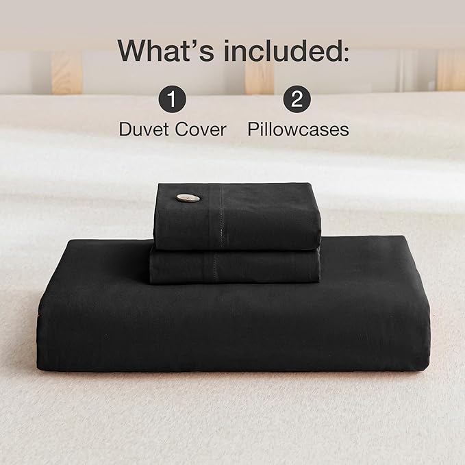 JELLYMONI Cotton Duvet Cover Full Size - Pure Black Comforter Cover with Button 100% Washed Cotton 3PCS Breathable Soft Solid Bedding Set Duvet Cover 80×90in & 2 Pillowcases (NO Comforter)