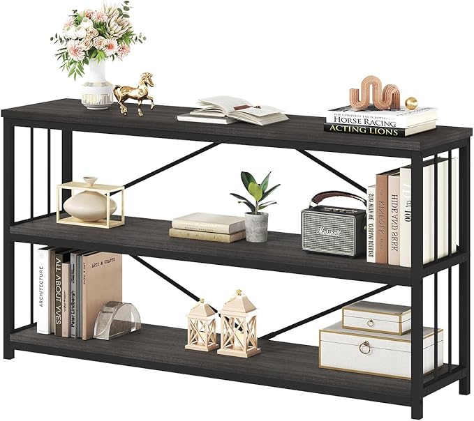 HSH 3 Tier Bookshelf, Wood Metal Low Horizontal Bookcase with Storage, Industrial 3 Tier Long Bookshelves Shelf for Bedroom, Modern Wooden Open Etagere Bookcase for Living Room, Dark Gray, 55 Inch