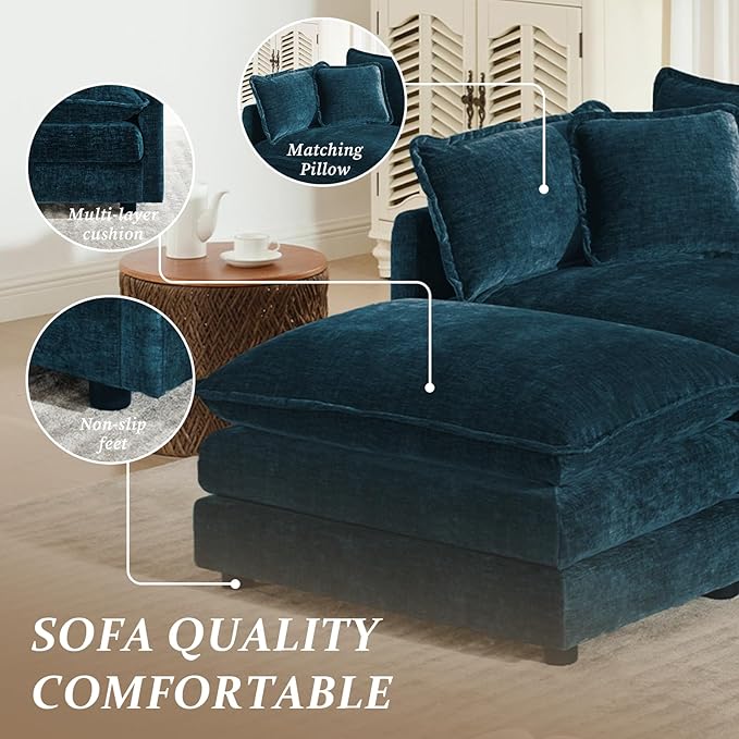 SoarFlash Chenille Sectional Sofa, Comfy L Shaped Modular Coush Sofa with Ottoman, Modern 4 Seat Couch Deep Seat Sofa Set for Living Room,Deep Blue