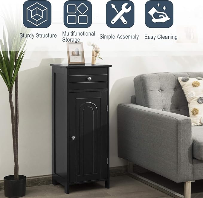 Tangkula Bathroom Floor Cabinet, Wooden Side Storage Organizer, Free-Standing Single Door Floor Storage Cabinet with Large Drawer & 2 Adjustable Shelves for Living Room Kitchen (Black)