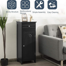 Tangkula Bathroom Floor Cabinet, Wooden Side Storage Organizer, Free-Standing Single Door Floor Storage Cabinet with Large Drawer & 2 Adjustable Shelves for Living Room Kitchen (Black)