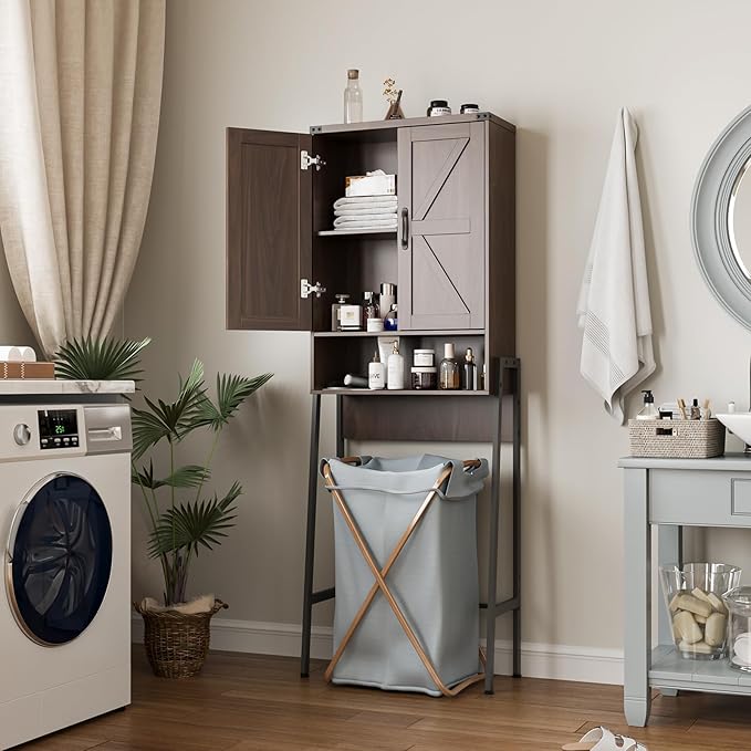 Over The Toilet Storage Cabinet with 2-Door Design Bathroom Organizers and Storage with Anti-Tip Device Over Toilet Organizer with Shelves for Bathroom,Restroom,Laundry Espresso