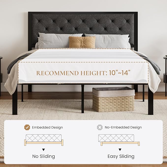 SHA CERLIN Queen Size Metal Platform Bed Frame,Linen Upholstered Button Tufted Headboard, Mattress Foundation with 12.4” Under-Bed Storage, Noise-Free, Easy Assembly, No Box Spring Needed, Dark Grey