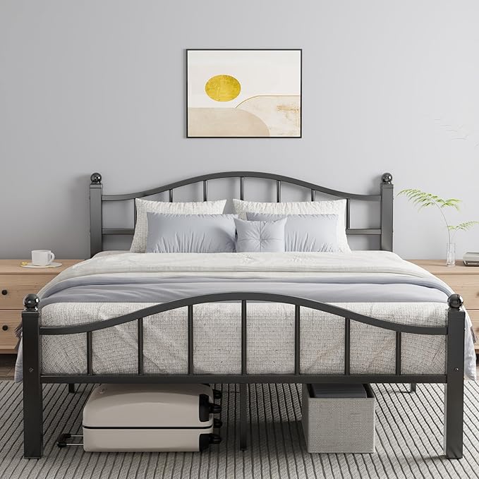 Metal Queen Bed Frames, Noise-Free Design & Underbed Storage Heavy Duty Queen Size Bed Frames with Headboard No Box Spring Needed/Tool-Free Assembly