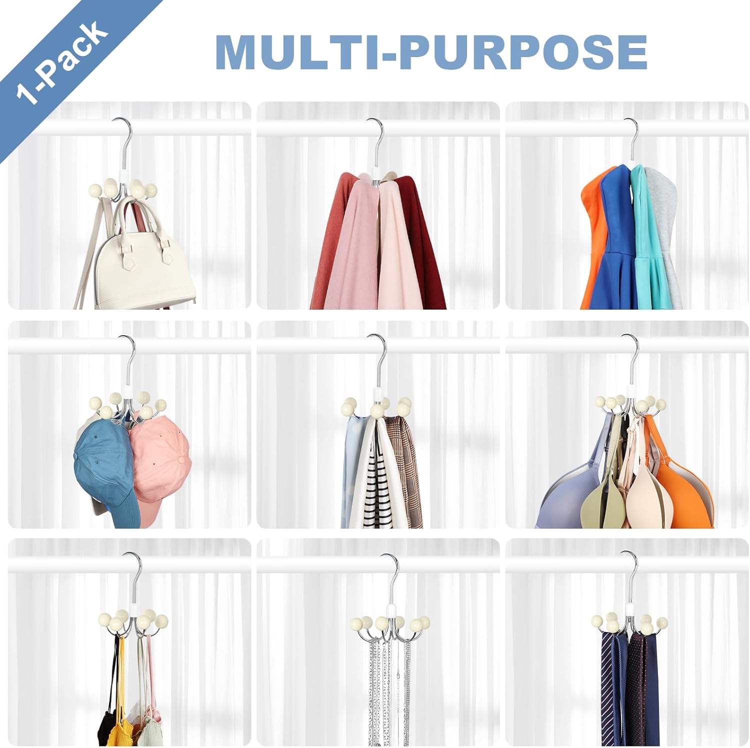 TOPIA HANGER Hoodie Hangers with 6 Wood Balls, 360°Swivel Purse Hanger, Scarf Hanger, Closet Hooks, Handbag Organizer, Bra Hanger, Accessory Organizers for Scarf, Tanktop, Hat, Hoodie CT56W