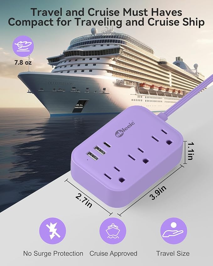 Purple Extension Cord with 3 Outlets & 3 USB(1 USB C), Cute Small Extension Cord 5ft, Travel Power Strip Flat Plug with USB Charging Station, Compact for Cute Purple Kawaii Lavender Desk Accessories